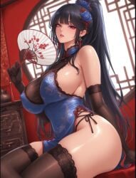 1girls big_breasts black_hair blue_eyes chanquazz chinese_clothes female female_only gloves holding_object long_hair looking_at_viewer mature_female solo_female stockings
