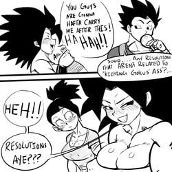 1boy 2girls black_eyes black_hair blush breast_awe breasts cabba caulifla dragon_ball dragon_ball_super drinking drunk english_text female female_pervert flustered kale light-skinned_female light_skin long_hair male monochrome multiple_girls pseudocel saiyan shounen_jump spiky_hair staring staring_at_breasts sweat text