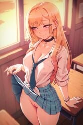 ai_generated ap2-ai-artist big_breasts blonde_hair blue_necktie blue_skirt blush bracelet bracelets breasts choker colored_nails colored_tips covered_nipples eyelashes female going_commando gradient_hair gyaru hi_res high_resolution kitagawa_marin lifted_by_self lifted_shirt long_hair marin_kitagawa miniskirt my_dress_up_darling necktie nipples no_bra no_panties piercing pink_eyes pink_nails plaid_skirt pleated_skirt pussy shirt shy_smile skirt skirt_lift skirt_up sono_bisque_doll_wa_koi_wo_suru vagina white_shirt