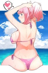 1girls ass back back_view backboob big_breasts bikini bikini_bottom bikini_top blue_eyes bottomwear breasts female female_only fujiwara_chika hair heart heart huge_breasts kaguya-sama_wa_kokurasetai_~tensai-tachi_no_renai_zunousen~ looking_back micro_bikini pink_bikini pink_hair re:ankh solo solo_female speech_bubble spoken_heart swimwear tied_hair topwear tying_hair wet wet_body