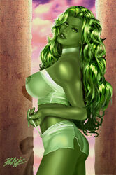 1girls areola ass big_breasts bottomless breasts collar color colored deacon_black female female_only green_eyes green_hair green_skin large_breasts long_hair marvel nipples see-through she-hulk solo straight_hair