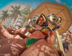 1boy 2girls 3d 3d_(artwork) anran background beach_background blizzard_entertainment breasts brother_and_sister dark-skinned_female domina female_focus hobossy hot jerkingoff masturbation mommy_dom overwatch thighs wuyang