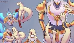 angel angel_wings back_view big_ass big_belly chubby chubby_female gabriel_(ultrakill) grabbing hand_grab jump lilith_(loveedgylords) long_tail loveedgylords oc oc_x_canon resisting selfship signature_artist_name sketch staring taller_female torso_grab ultrakill yumeship