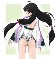 ahoge ass back black_hair cameltoe from_behind green_background highres hou_(hachiyou) kohaku_hearts long_hair looking_back low-tied_long_hair silver_eyes solo tales_of_(series) tales_of_hearts tied_hair twintails wedgie