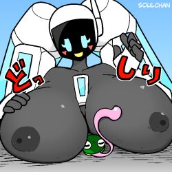 areolae crushed_by_breasts edit edited female frog frog_vs_giant_robot_girl giant_breasts giantess gigamo_(soulchan) huge_breasts huge_ears japanese_text nipples robot robot_girl smiling soulchan text three-tone_body tongue under_breasts