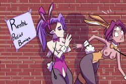 2girls amity_blight boscha bunnysuit crotchless exposed_breasts exposed_pussy female female_only leash leash_pull multiple_girls nipple_piercing prostitution public_exposure public_indecency purple_hair shadows_pd_(artist) smoking surprised the_owl_house waving