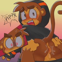 anthro anus aroused_face ass balls black_clothing bloons_tower_defense blush blush_lines bodily_fluids bottomwear bottomwear_down brown_body brown_eyes brown_fur butt_grab canon_x_oc clothed clothing duo embarrassed eyebrows fingerless_gloves fur genitals gloves hairless_balls hairless_face hairless_hands hand_on_butt handwear haplorhine hi_res hoodie imminent_sex long_tail looking_at_anus looking_at_butt male male/male mammal monkey ninja_kiwi pants pants_down partially_clothed perineum pink_anus pip_(snake_venom) primate quincy_(bloons) red_eyes shadowed_eyes slick snake_venom speech_bubble surprised sweat tail topwear