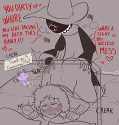 alternate_version_at_source alternate_version_available artist_signature bed bedframe big_ass blush commission commissions_open creaky_bed curly_hair dave_and_bambi_mod dialogue dominant expunged expunged_(moldygh) expunged_(rapparep) hat holding_bed neppyin nervous no_visible_genitalia noises oc rough_sex self_upload sharp_teeth sketch slap spank spank_marks spanked_ass spanked_butt spanking spanking_ass sweater true_expunged