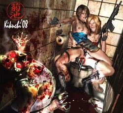 2008 2girls 3d alice_abernathy areolae bottomless_skirt breasts capcom celebrity erect_nipples female female_only flat_chest guro human jill_valentine jill_valentine_(julia_voth) kikuchi medium_breasts milla_jovovich nipples pussy resident_evil skirt skirt_lift what yuri