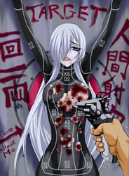 1girls beige_skin breasts clothing color english_text female firearm gore grey_hair gun guro hair handgun injury japanese_text kurohime kurohime_(character) long_hair mahou_tsukai_kurohime open_wound regeneration revolver skin still_alive target text torn_clothing translation_request weapon white_hair wound