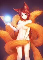 ahri animal_ears braid breasts choker convenient_censoring covering covering_breasts covering_crotch facial_mark female fox_ears fox_tail foxfire_ahri heart highres infernal_series kerasu large_breasts league_of_legends long_hair looking_at_viewer multi_tail multiple_tails navel nude red_hair ricegnat smile solo tail yellow_eyes