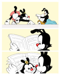 animaniacs black_fur clothes color comic dot_warner female feral fur male newspaper red_nose stefanescu straight tagme white_fur yakko_warner