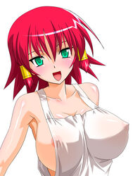 :d apron areola areola_slip areolae blush breasts cleavage erect_nipples green_eyes large_breasts naked_apron nipples open_mouth pointy_chin quiz_magic_academy red_hair ruquia see-through short_hair sideboob smile tongue