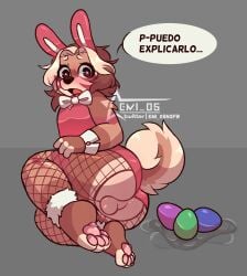 1boy absurd_res anthro anus ass balls bunny_costume canid canine canis clothing costume domestic_dog egg_laying emi_05 emi_05_owo fake_ears fake_rabbit_ears genitals girly hi_res male male/male male_only mammal pawpads paws shiba_inu solo spanish_text spitz text