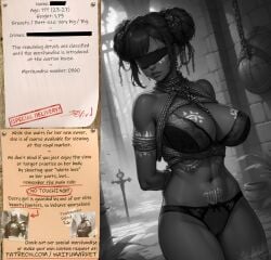 ai_generated anime big_breasts bondage bounty_hunters bra buns chains covered_eyes dark_hair dark_skin ebony edited fantasy female fictional market naked panties photoshop roleplay ropes slave slavegirl slavery special tattoos tribal waifu