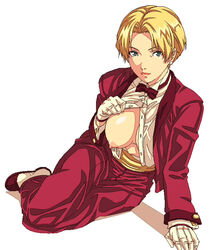 1girls 2d 2d_(artwork) androgynous areolae blank_background blonde_female blonde_hair bowtie breasts burgundy_tuxedo clothed clothing crossdressing crossdressing_female curtained_hair female female_only fighting_game french_female gloves hidden_curves human king_(snk) king_of_fighters looking_at_viewer no_bra open_clothes open_shirt parted_hair reverse_trap ryuuko_no_ken shirt short_hair simple_background snk solo solo_female tomboy tuxedo very_short_hair video_game_character video_game_franchise wankoro_mochi white_background white_gloves