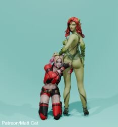 2girls 3d 3d_(artwork) ass ass_focus ass_grab assisted_presentation batman_(series) dc dc_comics fortnite fortnite:_battle_royale green_skin harley_quinn harley_quinn_(fortnite) kneeling leg_grab looking_at_viewer matt_cat pamela_isley plant poison_ivy poison_ivy_(fortnite) simple_background smile