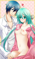 1boy akatsuki_yakyou aqua_eyes aqua_hair blue_hair blush breasts female hatsune_miku kaito long_hair male navel nipples pussy straight vocaloid