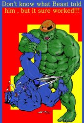 2009 anal anal_penetration anal_sex anthro beast_(x-men) blue_skin bruno_b cum_in_mouth cum_on_face cum_while_penetrated furry gay green_skin handjob hank_mccoy hulk leg_lift legs_held_open male male_only marvel mouth_open multiple_males mutant naked_hat straight_hair tagme underwear_pull x-men yaoi