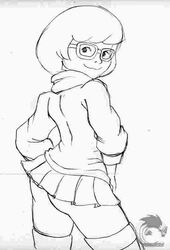 ass clothed esenkas female female_only glasses hanna-barbera human looking_at_viewer looking_back monochrome rough_sketch scooby-doo short_hair simple_background skirt smile solo standing sweater tagme velma_dinkley white_background