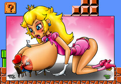 ass blonde_hair blue_eyes blush breast_smother breasts brown_hair chair dreekzilla earrings female giantess gigantic_breasts huge_breasts human jewelry lipstick luigi male mario mario_(series) massive_breasts nintendo nipples princess_peach straight straight_hair super_mario_bros. super_mario_bros._(nes) table turk128