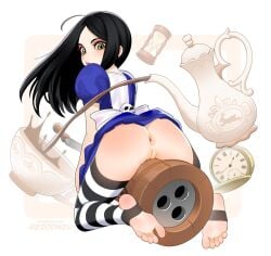 1girls alice_(madness_returns) alice_in_wonderland alice_madness_returns anus ass black_hair blush bottomless feet green_eyes long_hair looking_at_viewer looking_back open_mouth partially_clothed presenting pussy rezodwel socks tea thick_thighs