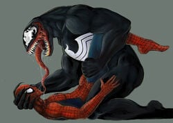 2boys beefy black_body bodysuit bulge daddy erection gay head_grab implied_sex long_tongue looking_at_each_other male male_only manly marvel missionary_position muscular peter_parker sharp_teeth size_difference smooth_skin spider-man spider-man_(series) superhero symbiote tongue tongue_out venom_(marvel) wide_open_mouth yaoi