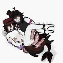 1cuntboy 1cuntboy1male 2boys alaric_clément_(rotten_callie) black_hair bondage clothed_male consensual cum cuntboy cuntboy/male drool drooling fingering fingering_partner fingering_pussy fishnets ftm gay gay_sex gills looking_at_partner marceau_d'ambray_(rotten_callie) naked naked_cuntboy nude_cuntboy oc on_lap on_partner original_character partners poliosishat purple_eyes red_eyes rotten_callie self_harm_scars shark_boy shark_tail smiling_at_partner tied_up top_surgery_scars transman trembling whimpering