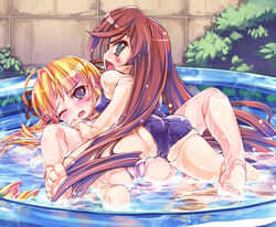 ass barefoot blonde_hair blue_eyes blush brown_hair cameltoe doll_joints feet female green_eyes long_hair multiple_girls nipples rozen_maiden sasa_ichi shinku spread_legs suiseiseki swimsuit tied_hair twintails very_long_hair wading_pool water wet wince wink yuri