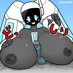 areolae crushed_by_breasts dick dick_between_boobs dick_between_breasts dick_between_tits edit edited female frog_vs_giant_robot_girl giant_breasts giantess gigamo_(soulchan) huge_breasts huge_ears japanese_text nipples robot robot_girl smiling soulchan text third-party_edit three-tone_body titjob tongue under_breasts