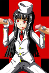 1girls 2boys after_orgasm alucard_(hellsing) bangs belt big_penis black_hair blunt_bangs blush canon_genderswap censored clothed clothed_female_nude_male cum cum_on_face cum_on_hair cum_on_tongue cumdrip double_handjob faceless_male female flat_chest girlycard gloves handjob hat hellsing human humanoid long_hair male mosaic_censoring necktie nude penis red_eyes rule_63 sidelocks sitting solo_focus straight suit threesome tongue tongue_out vampire veiny_penis very_long_hair white_gloves white_skin white_suit young