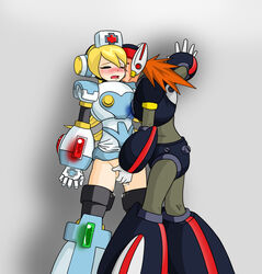 1boy 1girls axl_(mega_man) blush bottomless cinnamon_gaudille mega_man mega_man_x pussy tagme upskirt