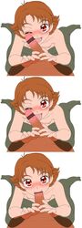 1boy 1girls brown_hair censored fellatio female flat_chest hair holding_penis licking looking_at_viewer male nipples nude open_mouth oral penis pov pov_crotch precure pretty_cure red_eyes rin_natsuki short_hair smile stockings tokyo_circuit tomboy tongue tongue_out wink yes!_precure_5