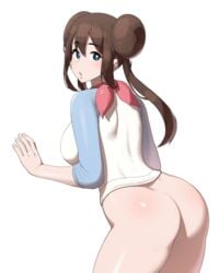 1girls ass big_ass blue_eyes bottomless brown_hair double_bun eye_contact female looking_at_viewer looking_back nintendo pokemon pokemon_bw2 rosa_(pokemon) solo standing sung_park thick_thighs thighs twintails white_background