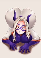 1girls ass ass_up big_ass big_breasts blonde_hair bodysuit breasts female female_only front_view gloves horn horns jmvmaa leotard mask mount_lady my_hero_academia pink_eyes purple_eyes simple_background solo solo_female tight_clothing tight_pants white_background yuu_takeyama