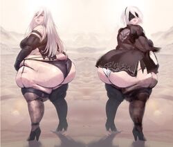 2girls arm_sleeves ass bamboo_ale bbw belly_overhang big_ass big_belly big_breasts big_butt big_female breasts butt chubby chubby_female dat_ass dumptruck_ass duo fat fat_ass fat_female fat_fetish fat_girl fat_woman fatty female female_only gigantic_ass heels high_heels huge_ass huge_butt large_female long_hair looking_at_viewer looking_back mask multiple_girls nier:_automata obese obese_female overweight overweight_female panties plump plump_butt pork_chop ssbbw stockings thick_thighs thighhighs weight_gain white_hair yorha_2b yorha_a2