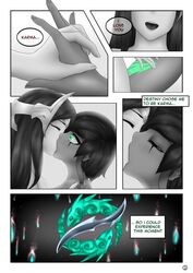 2girls comic dark-skinned_female irelia_xan karma_(league_of_legends) kissing league_of_legends pale-skinned_female spiritof2281 yuri