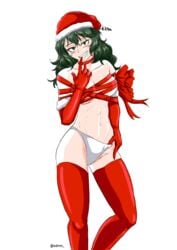 1girls blush christmas christmas_outfit gift_wrapped gloves green_hair my_hero_academia red_gloves red_stockings sdnm sole_female stockings sudoname tokage_setsuna wrapped