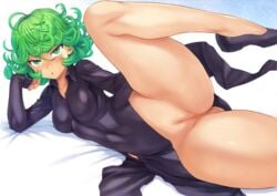 1girls :o ass_visible_through_thighs black_dress bottomless dress female_only green_eyes green_hair leg_lift looking_at_viewer mogudan no_panties one-punch_man pussy tatsumaki thighs uncensored vagina