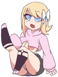 blonde_hair blue_eyes byternomar exposed exposed_pussy leggings nipple nipple_slip original_character pussy pussy_peek thick_thighs white_bow