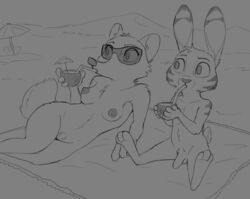 2021 anthro arctic_fox areola balls beach beverage breasts canid canine cheek_tuft disney drinking duo ear_markings eyewear facial_markings facial_tuft female fox fur genitals glasses head_markings head_tuft holding_beverage holding_object jack_savage male mammal markings monochrome nipples nude outside penis seaside sitting skye_(zootopia) small_breasts straw sunglasses tggeko tuft umbrella zootopia