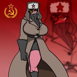 boots breasts communist countryhumans countryhumans_girl ech0chamber female gloves hammer_and_sickle jacket menacing russian_hat soviet_union_(countryhumans) ushanka