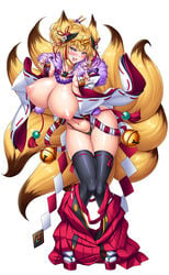 1girls animal_ears bell blonde_hair blush breasts cleavage curvy female fox_ears fox_tail hair_ornament hakama highres huge_breasts japanese_clothes kitsune lilith-soft looking_at_viewer multiple_tails navel nipples pussy_juice saijou_satoru shiny_skin short_hair smile solo standing tabi tail taimanin_(series) taimanin_rpgx tamamo_(litith-soft) thighhighs tongue