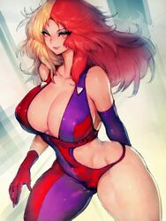 1girls 2021 blonde_hair bodysuit breasts cameltoe chara_soon cleavage cowboy_shot curvaceous female female_only fumio_(rsqkr) gundam gundam_zz huge_breasts human light-skinned_female light_skin long_hair looking_at_viewer mature mature_woman presenting red_hair solo standing thick_thighs two_tone_hair villainess voluptuous wide_hips zeon