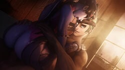 1boy 1boy1girl 1girls 3d ass big_ass blizzard_entertainment blue_skin cowgirl_position duo genji green_hair happy happy_sex interracial long_hair looking_at_partner masterkabal mouth_open open_mouth overwatch sex smiling straight tagme tattoo torn_clothes torn_clothing wholesome widowmaker young_genji