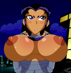 1girls 2d alien alien_girl alien_look_like_human annoyed annoyed_expression averting_eyes big_breasts blackfire blush breasts breasts_apart breasts_exposed breasts_out cartoon_network clothing cloud dc dc_comics elpepsi erect_nipples exposed_breasts facing_viewer female female_only komand'r large_breasts lifted_by_self long_hair looking_at_viewer looking_away_from_viewer night night_sky nipples orange_skin outdoors presenting_breasts purple_eyes red_hair self_exposure shirt_lift shirt_lifted_by_self slim_waist solo solo_female straight-on straight_hair tamaranean tan-skinned_female tan_skin teen_titans textless textless_version titans_tower top_heavy top_lift upper_body