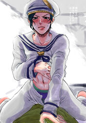 abs black_eyes blush boxers_(clothing) dark_blue_hair hand_on_another's_chest jojo's_bizarre_adventure jojolion looking_down_at_viewer male_focus male_only maledom man_on_top no_shoes on_bed sailor_hat sailor_uniform shirt_lift short_hair sweat text undressing unfastened yoshikage_kira_(jojolion)