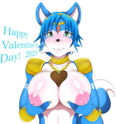 anthro big_breasts blue_body blue_fur blush breasts canid canine english_text female fox fur hi_res holidays kemojin krystal looking_at_viewer mammal nintendo nipples solo star_fox text valentine's_day video_games white_body white_fur