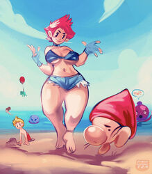 1girls 2boys beach big_breasts breasts earthbound fingerless_gloves gloves kumatora lucas mirky_tea mob_face mother_3 mr_saturn nintendo pink_hair ripped_shorts swimsuit thick_thighs