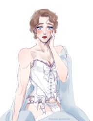 1boy blue_eyes blush bulge corset crossdressing femboy lingerie lipstick male male_only muscular muscular_male red_lipstick surprised surprised_expression thacmis upper_body white_corset white_panties